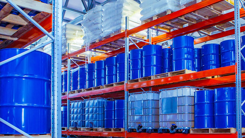 Inside a warehouse belonging to an industrial cleaning chemical supplier