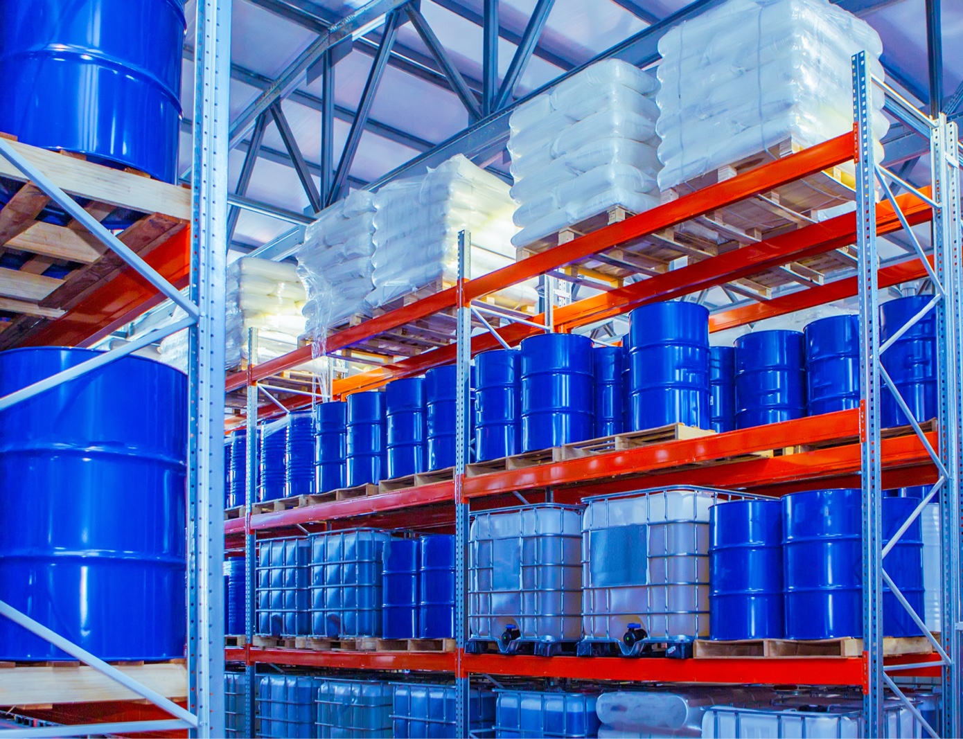 Inside a warehouse belonging to an industrial cleaning chemical supplier